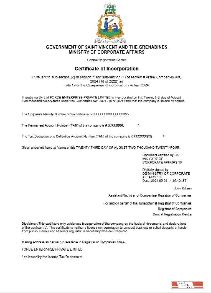 Saint Vincent and the Grenadines business registration certificate Word and PDF template